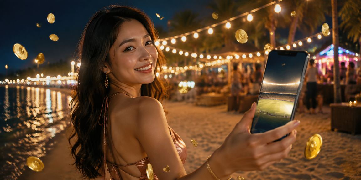 Bãi biển Phú Quốc lúc chiều tà — người dùng thư giãn và chơi game trực tuyến trên điện thoại